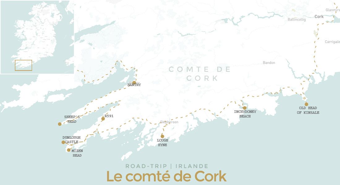 Carte itinéraire road trip dans le comté de cork en Irlande