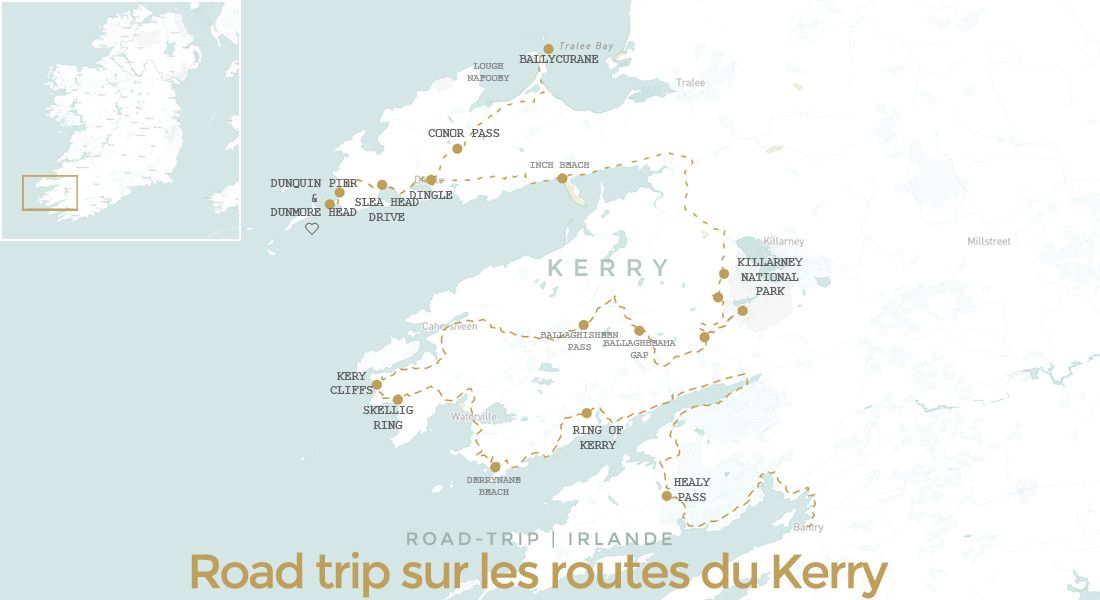 Carte itinéraire road trip dans le comté de Kerry